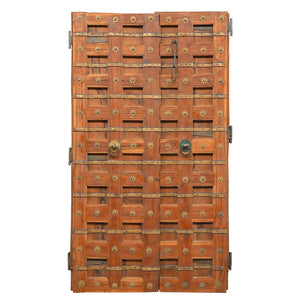 1900s Vintage Teak Wood Door With Original Brass Straps And Decorative Flower Pins