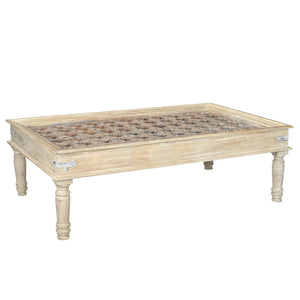 Antique Distressed White Carved Door Repurposed 64 in. Large Coffee Table