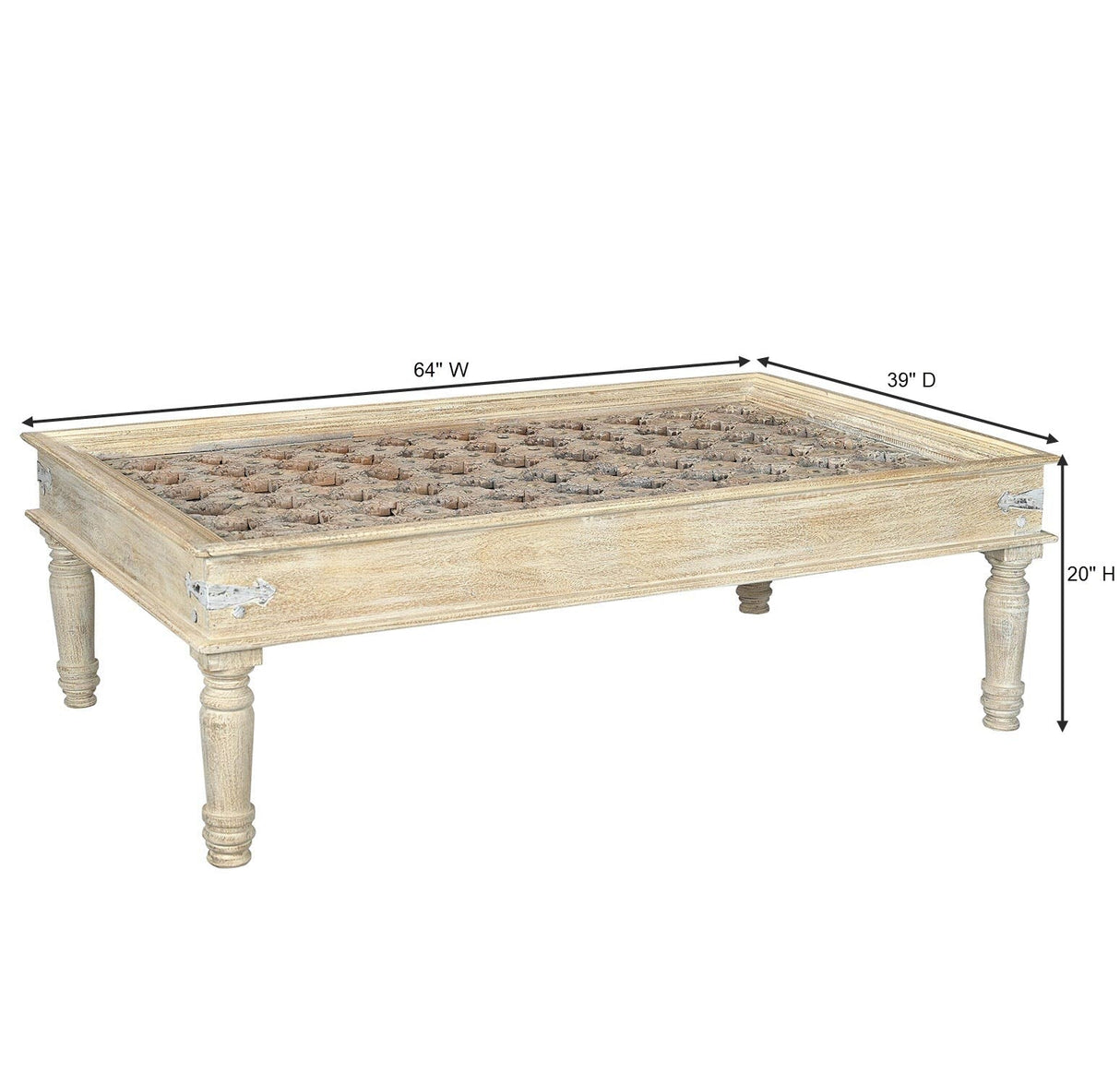 Antique Distressed White Carved Door Repurposed 64 in. Large Coffee Table