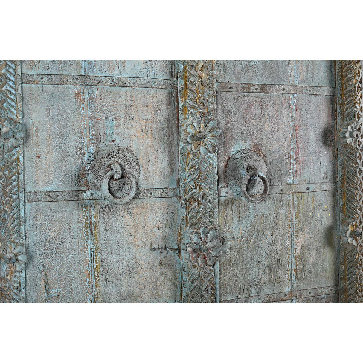 Early 1900s Hand Carved Antique Indian Door With Distressed Blue Patina