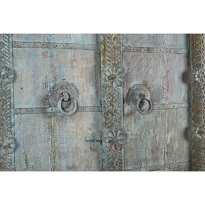 Early 1900s Hand Carved Antique Indian Door With Distressed Blue Patina