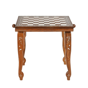 Eclectic Hand Inlaid Wooden Chess Board End Table With Wooden Pegs