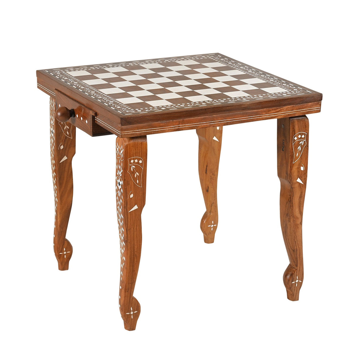Eclectic Hand Inlaid Wooden Chess Board End Table With Wooden Pegs