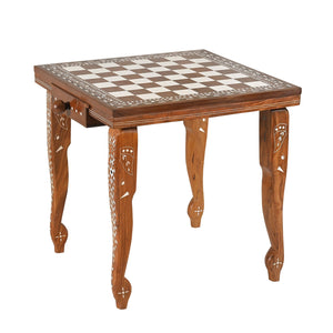 Eclectic Hand Inlaid Wooden Chess Board End Table With Wooden Pegs