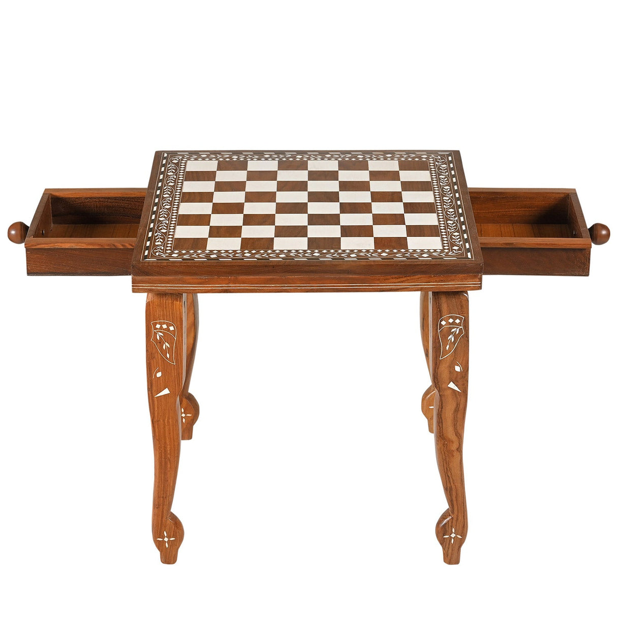 Eclectic Hand Inlaid Wooden Chess Board End Table With Wooden Pegs
