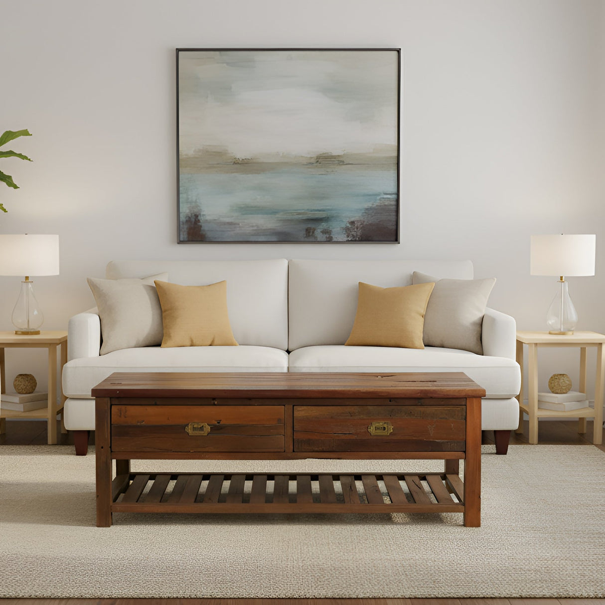 Country Style Distressed Spalted Wood Coffee Table With Drawers