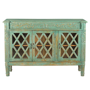 Farmhouse Style Distressed Blue Carved 60 in. Large Sideboard With Glass Doors