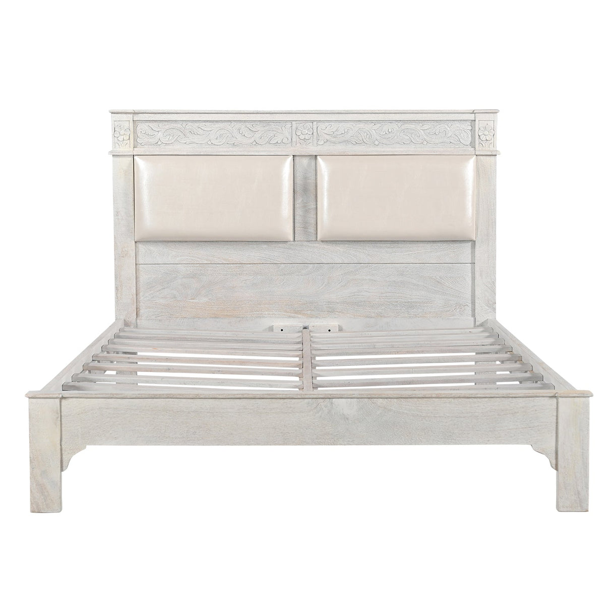 Elegant Victorian Style Hand Carved Solid Wood Queen Bed In Distressed White