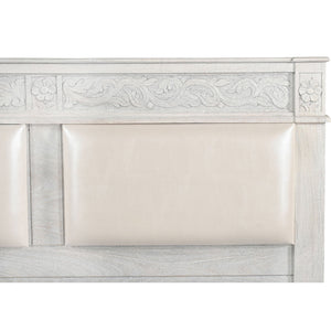 Elegant Victorian Style Hand Carved Solid Wood Queen Bed In Distressed White