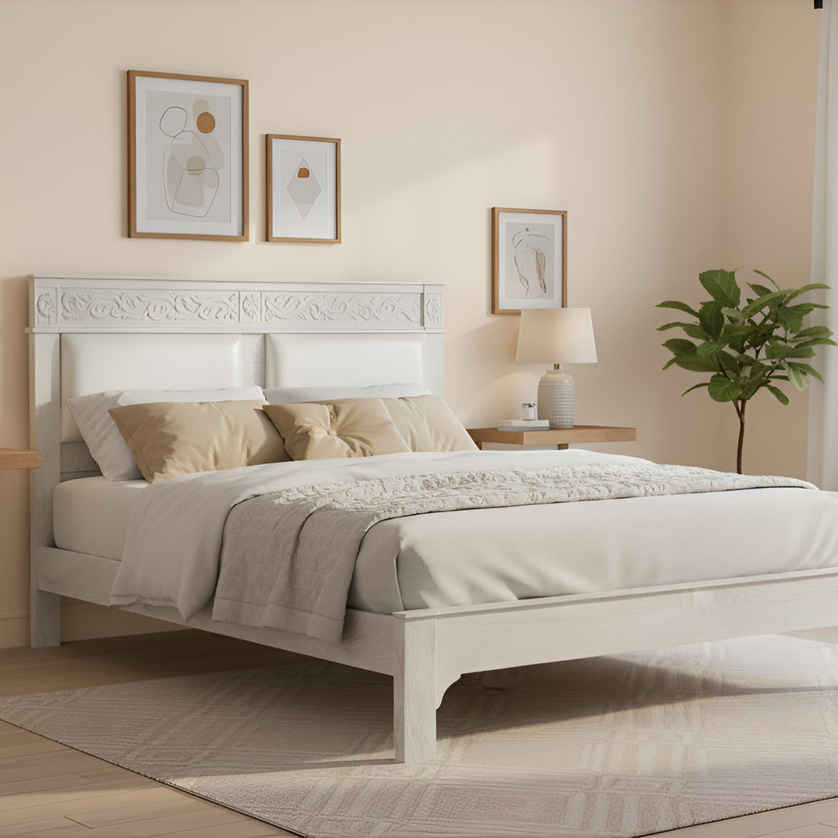 Elegant Victorian Style Hand Carved Solid Wood Queen Bed In Distressed White