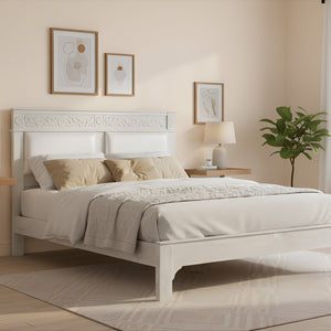 Elegant Victorian Style Hand Carved Solid Wood Queen Bed In Distressed White