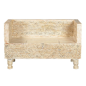 Elegantly Hand Carved Wooden Storage Bench Seat In Distressed White