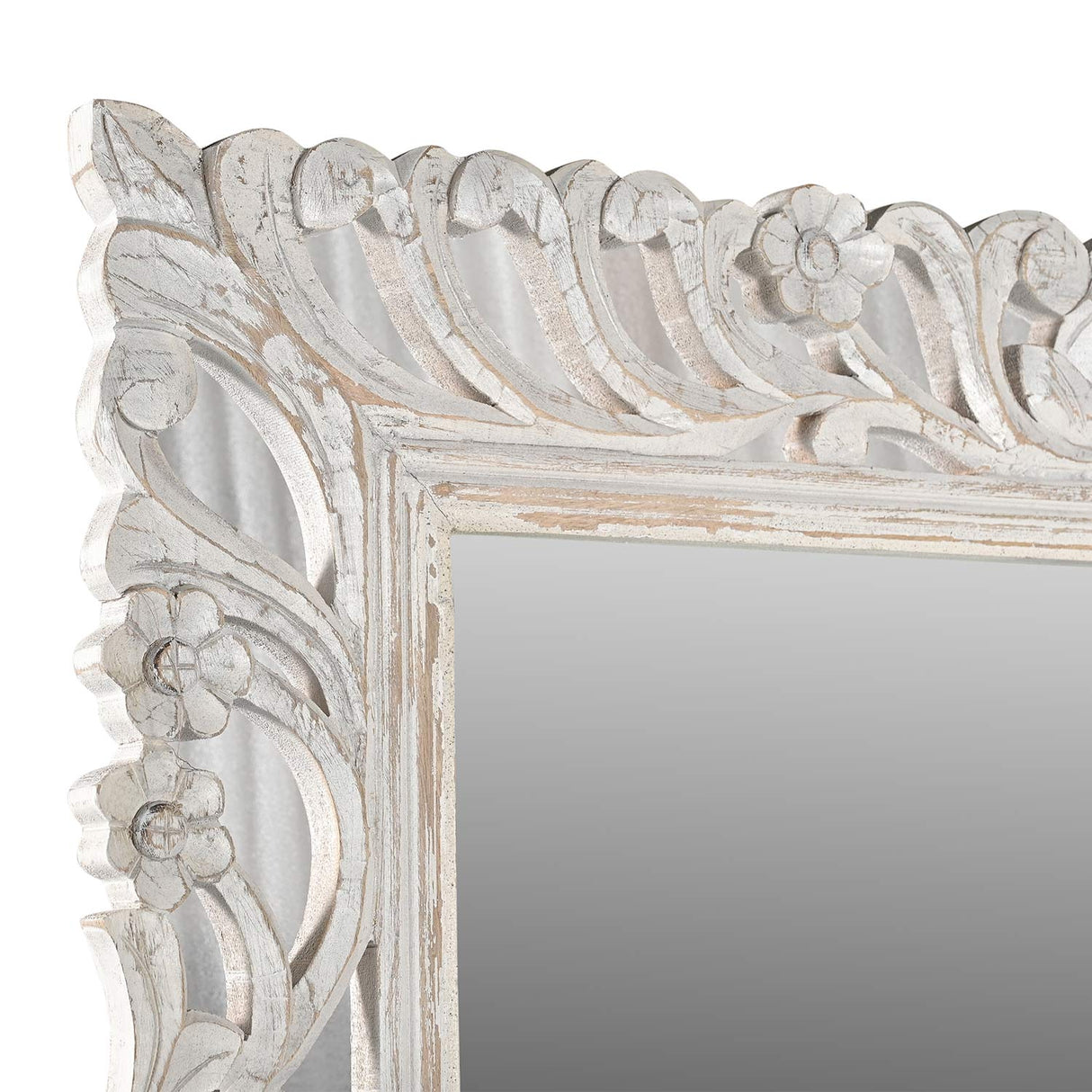 Farmhouse Style Wooden Carved Lattice Distressed White 84 in. Tall Mirror On Stand