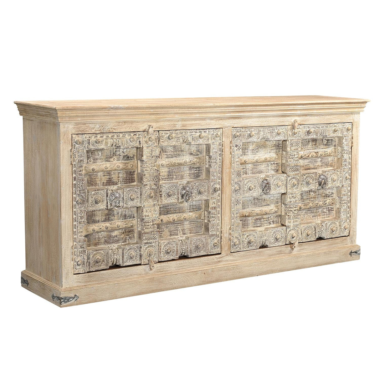 Antique Lotus Carved Doors Upcycled 85 in. Long Solid Wood Sideboard