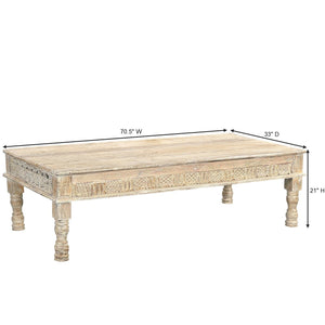 Farmhouse Style 71 in. Long Solid Wood Coffee Table In Distressed White Finish