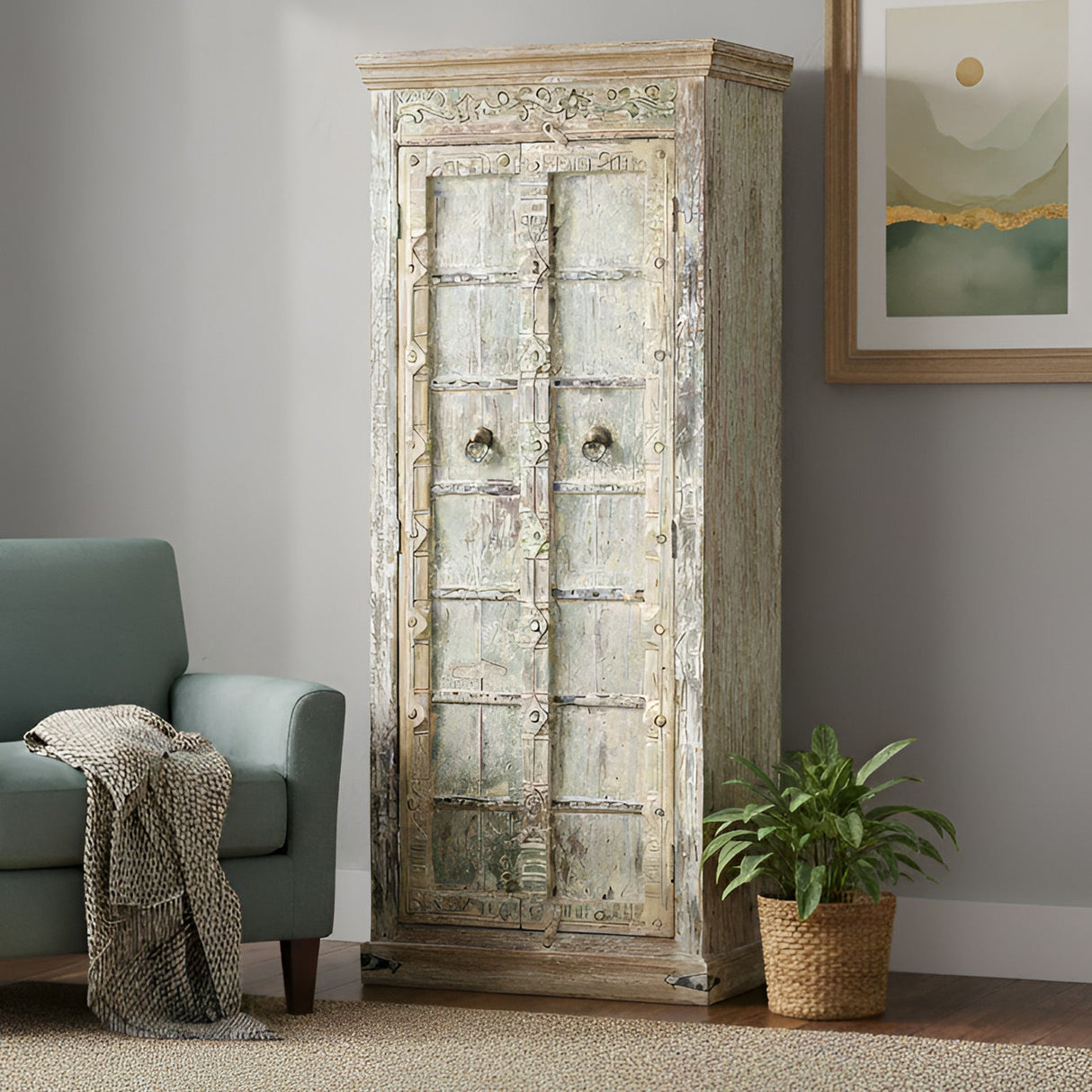 82 in. Tall Distressed White Antique Door Upcycled Solid Wood Armoire