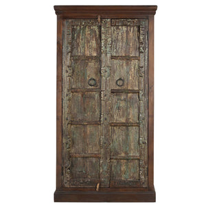 Distressed Blue Teak Wood Antique Door Repurposed 67 in. Tall Bedroom Armoire