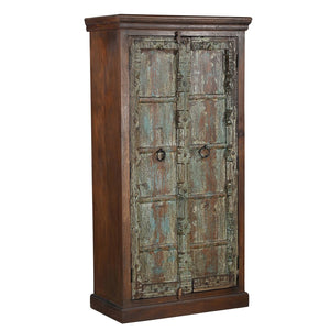 Distressed Blue Teak Wood Antique Door Repurposed 67 in. Tall Bedroom Armoire