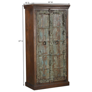 Distressed Blue Teak Wood Antique Door Repurposed 67 in. Tall Bedroom Armoire