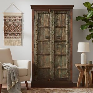 Distressed Blue Teak Wood Antique Door Repurposed 67 in. Tall Bedroom Armoire