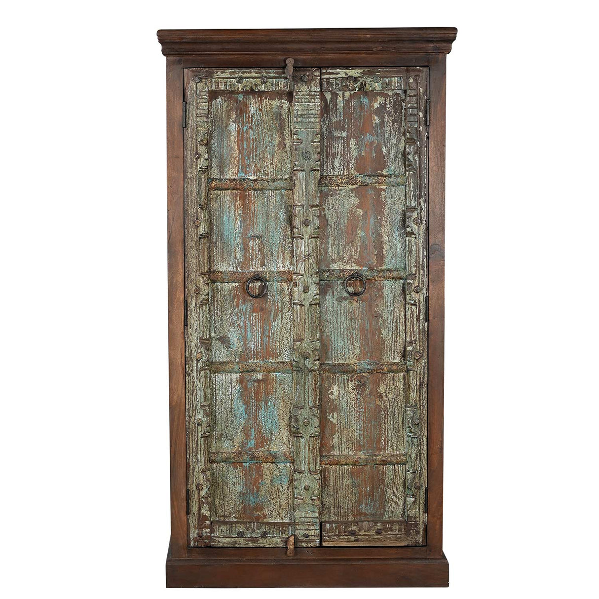 Distressed Blue Teak Wood Antique Door Repurposed 67 in. Tall Bedroom Armoire