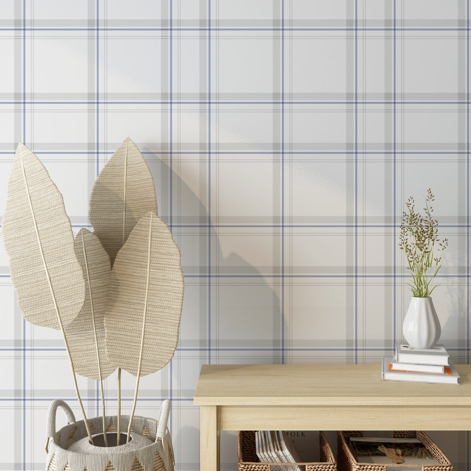 Minimalist Blue and White Plaid Wallpaper