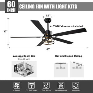 Vaczon 52 Inch 60 Inch Industrial Downrod Ceiling Fan with Light and APP & Remote Control