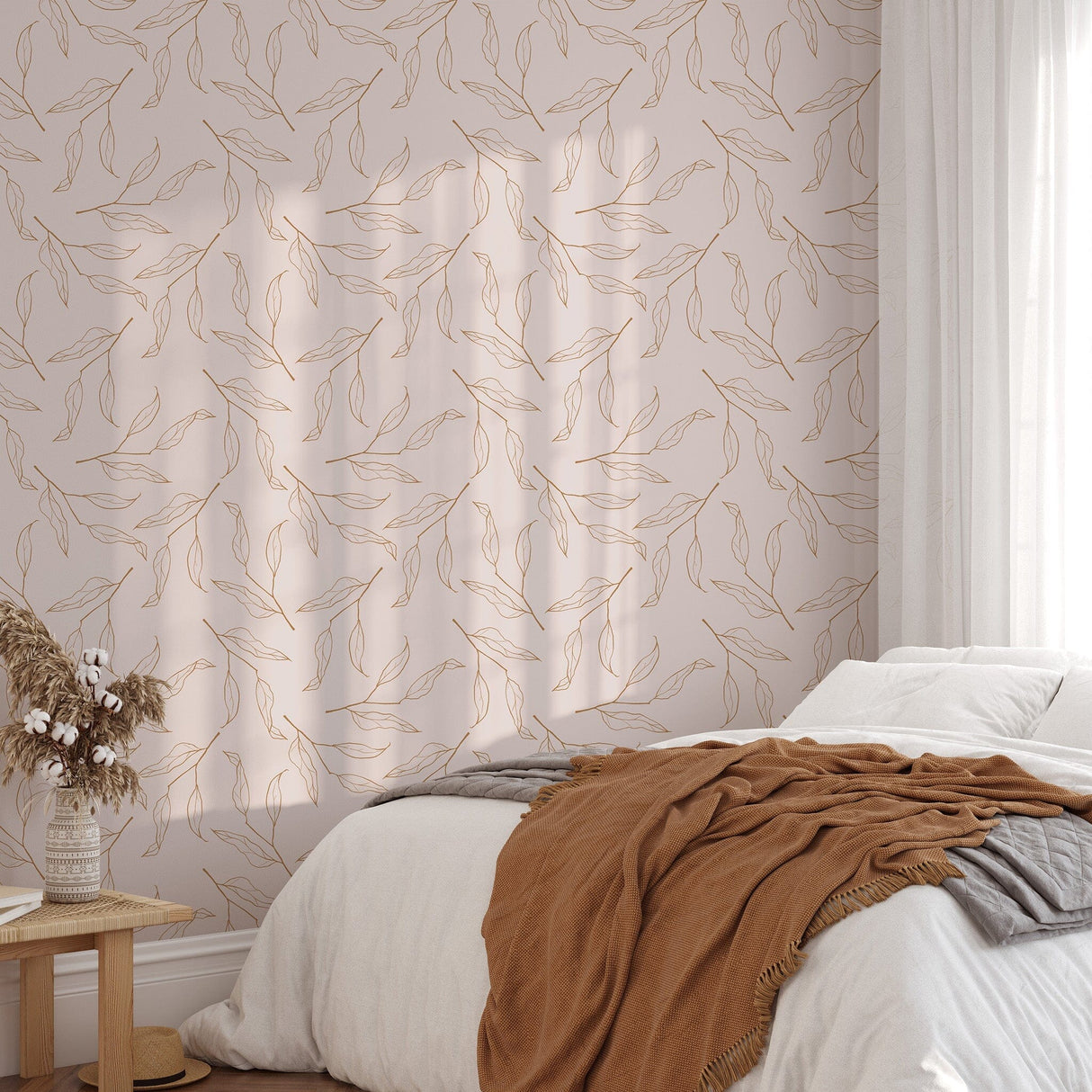 Pink Background Botanical Leaves Wallpaper Removable Wallpaper
