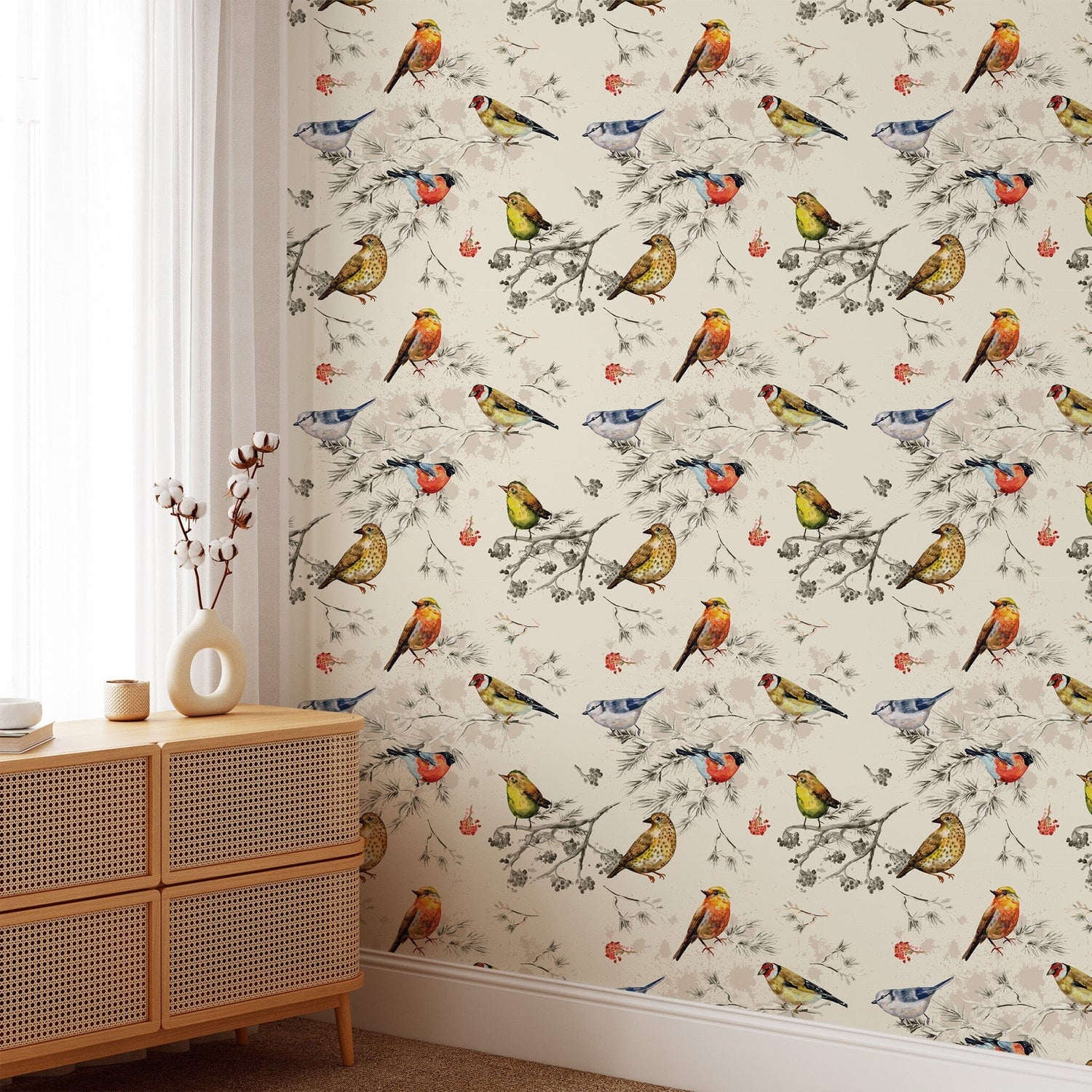 Vintage Birds Pattern Wallpaper - Peel and Stick Nature Inspired Wallpaper