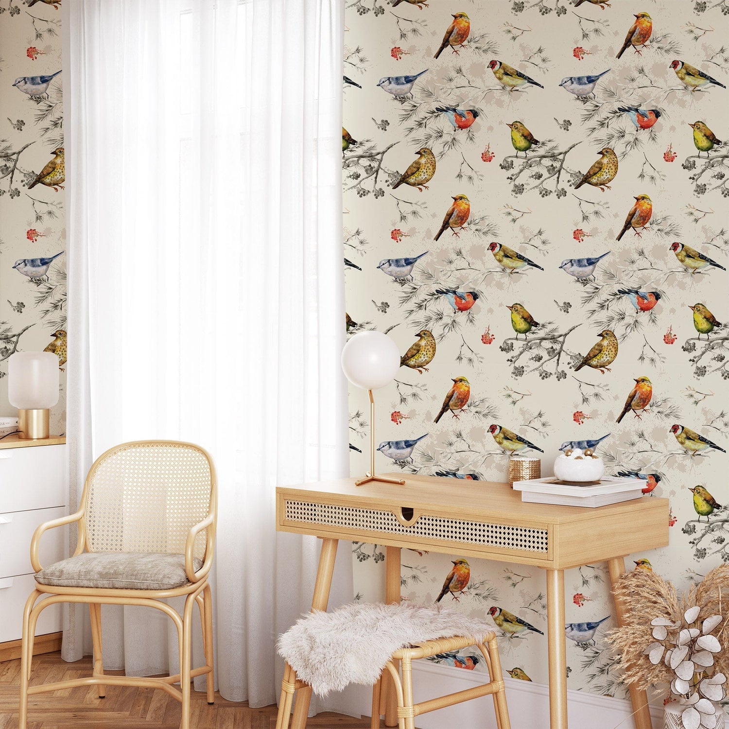 Vintage Birds Pattern Wallpaper - Peel and Stick Nature Inspired Wallpaper