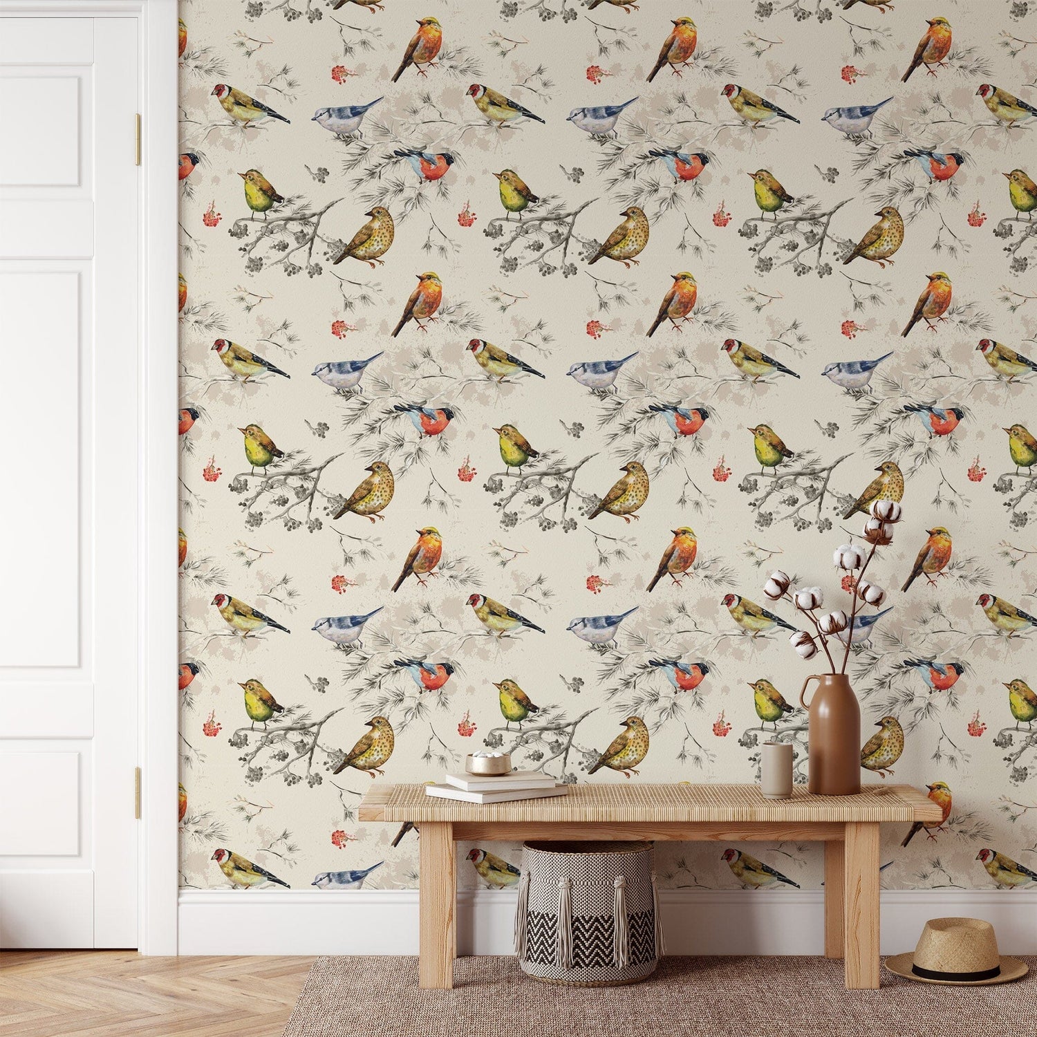 Vintage Birds Pattern Wallpaper - Peel and Stick Nature Inspired Wallpaper
