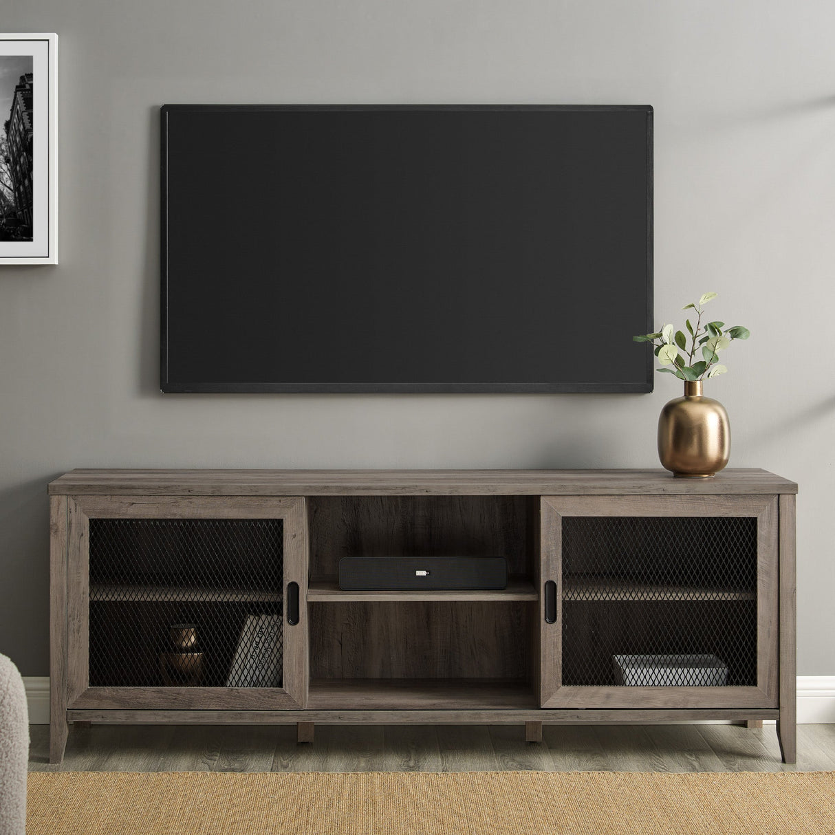 Arthur Industrial TV Stand with Sliding Mesh Door
