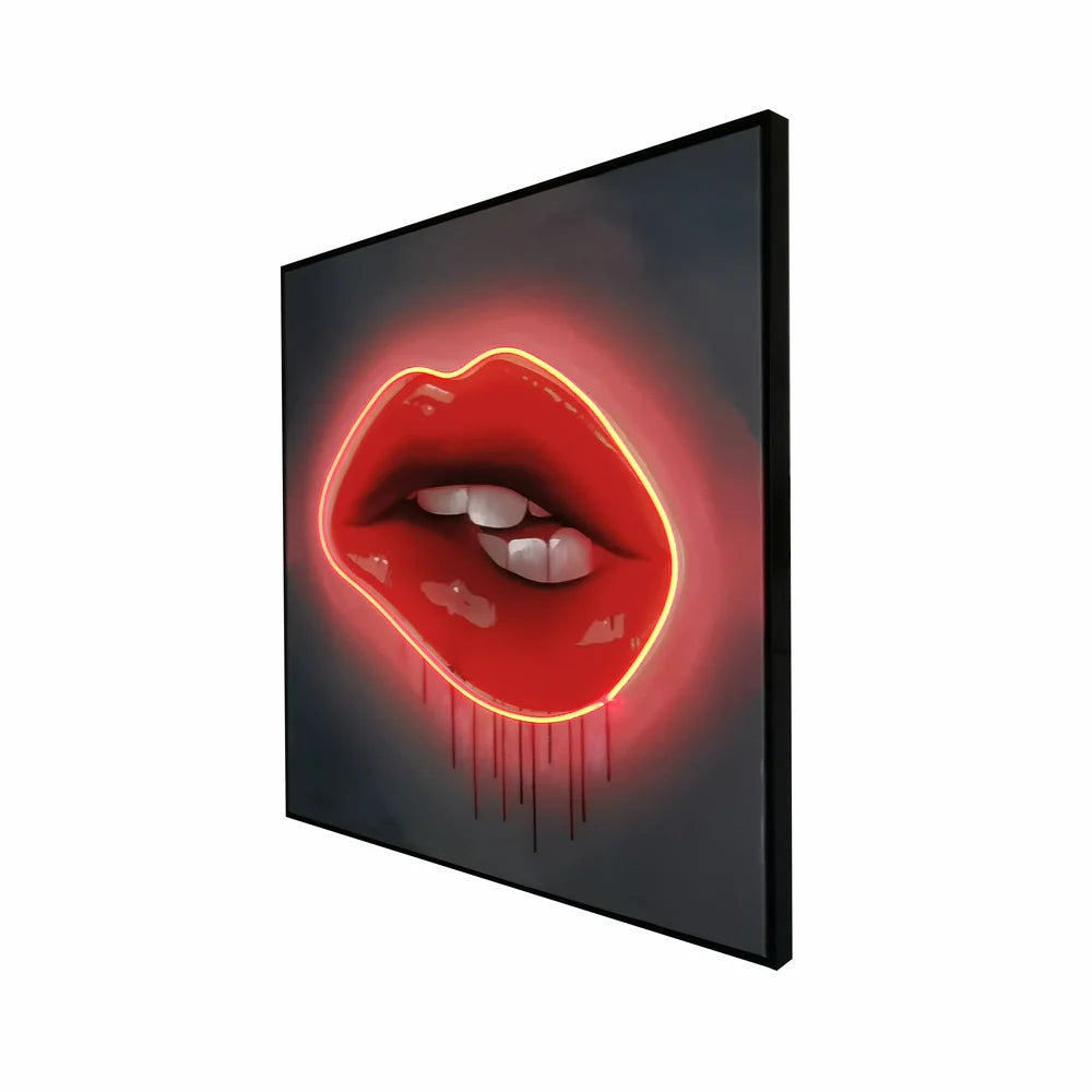 Red Lips LED Wall Art | Lip Biting Red LED Canvas with Paint Drip