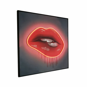 Red Lips LED Wall Art | Lip Biting Red LED Canvas with Paint Drip