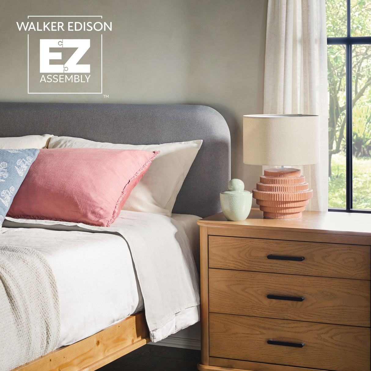 Annette Contemporary Upholstered Headboard Curved Wood Bed Frame