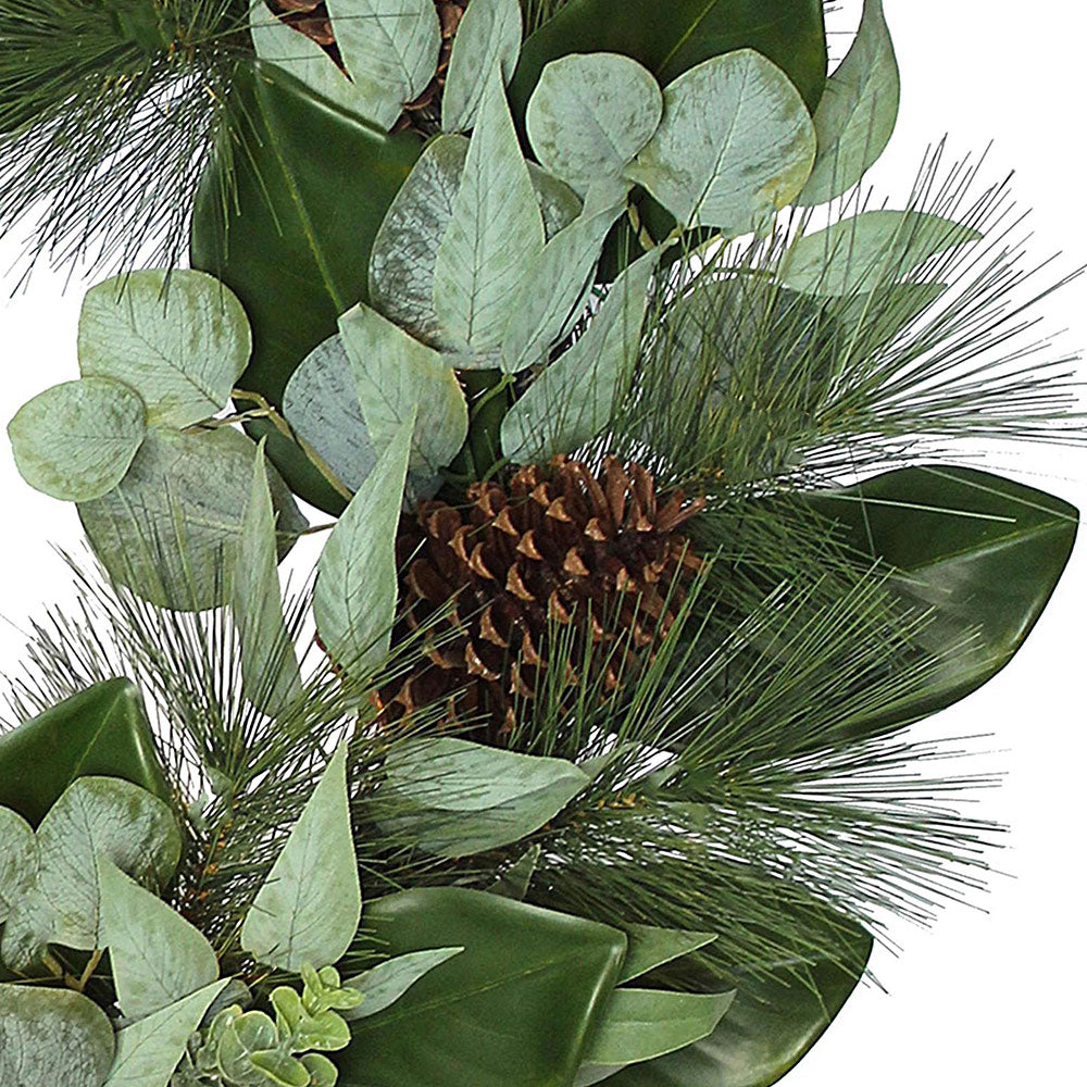 Lifelike 28" Faux Magnolia, Eucalyptus, Pinecone & Needle Pine Wreath for Seasonal Elegance