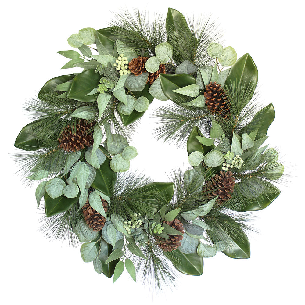 Lifelike 28" Faux Magnolia, Eucalyptus, Pinecone & Needle Pine Wreath for Seasonal Elegance
