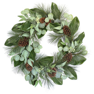 Lifelike 28" Faux Magnolia, Eucalyptus, Pinecone & Needle Pine Wreath for Seasonal Elegance