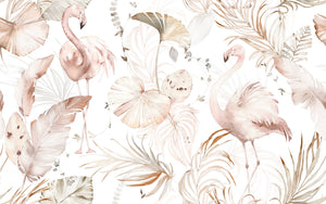 Watercolor Boho Pink Flamingo Wallpaper | Tropical Leaves Background