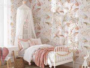 Watercolor Boho Pink Flamingo Wallpaper | Tropical Leaves Background