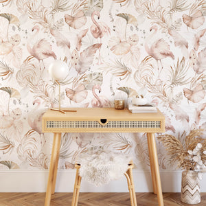 Watercolor Boho Pink Flamingo Wallpaper | Tropical Leaves Background