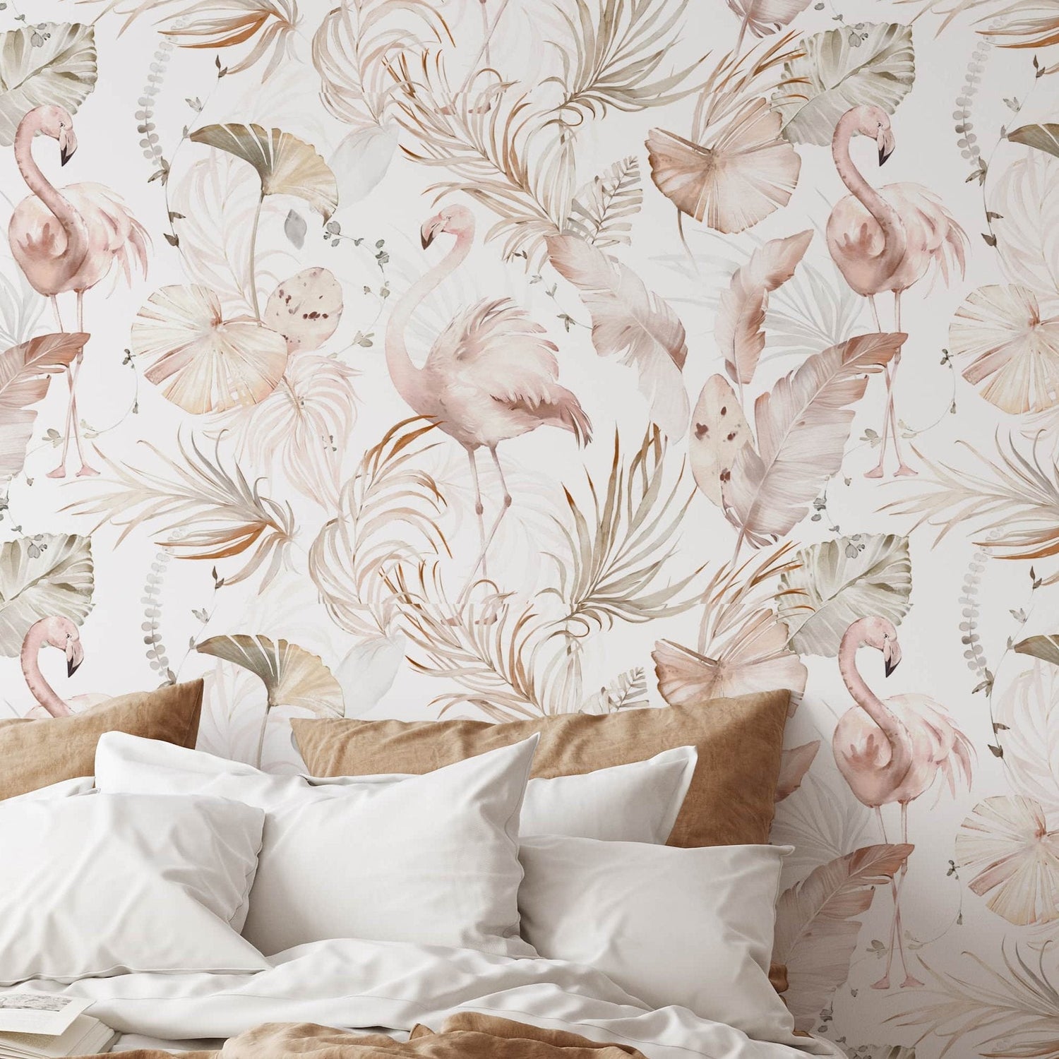 Watercolor Boho Pink Flamingo Wallpaper | Tropical Leaves Background