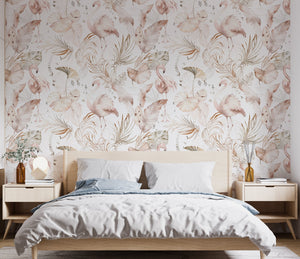Watercolor Boho Pink Flamingo Wallpaper | Tropical Leaves Background