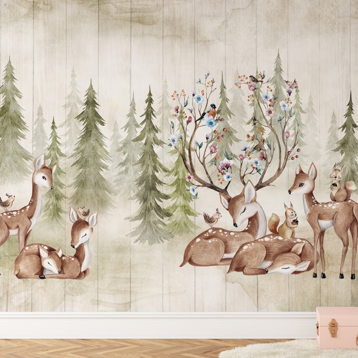 Woodland Deer and Forest Wallpaper - Peel and Stick Kids Wall Mural