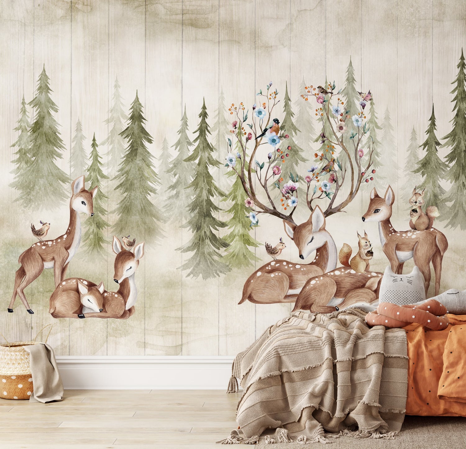 Woodland Deer and Forest Wallpaper - Peel and Stick Kids Wall Mural
