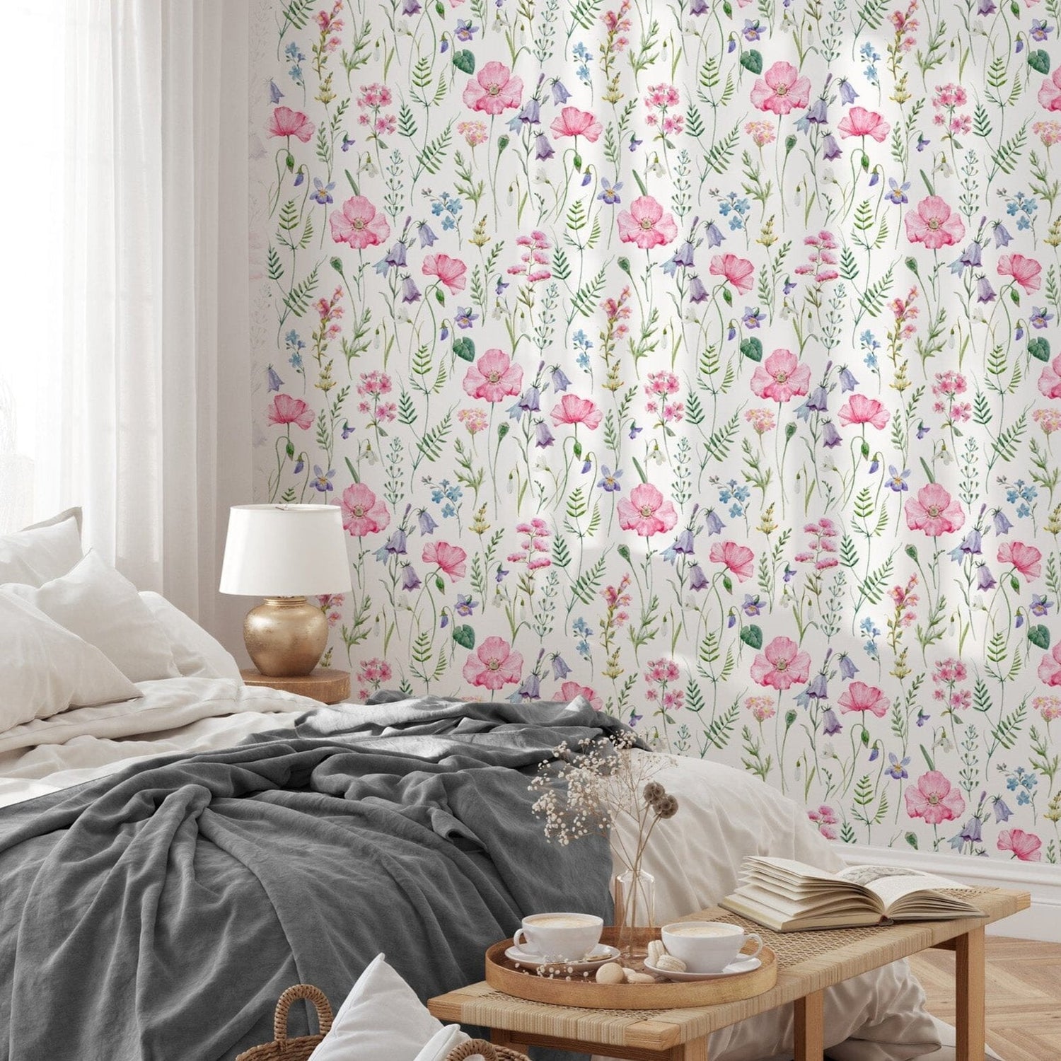 Pink Poppy Snowdrop Flowers Wallpaper Peel and Stick