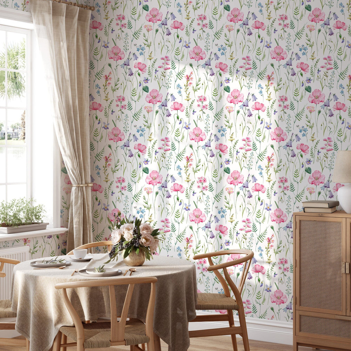 Pink Poppy Snowdrop Flowers Wallpaper Peel and Stick