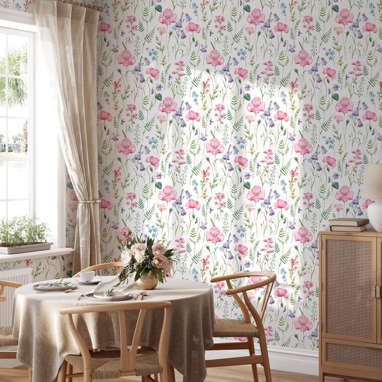 Pink Poppy Snowdrop Flowers Wallpaper Peel and Stick