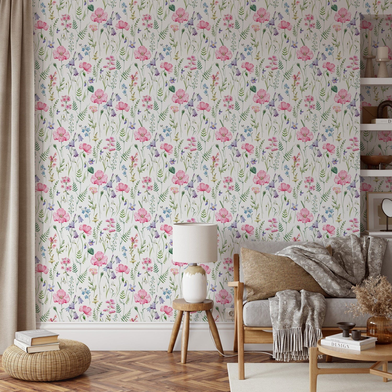 Pink Poppy Snowdrop Flowers Wallpaper Peel and Stick