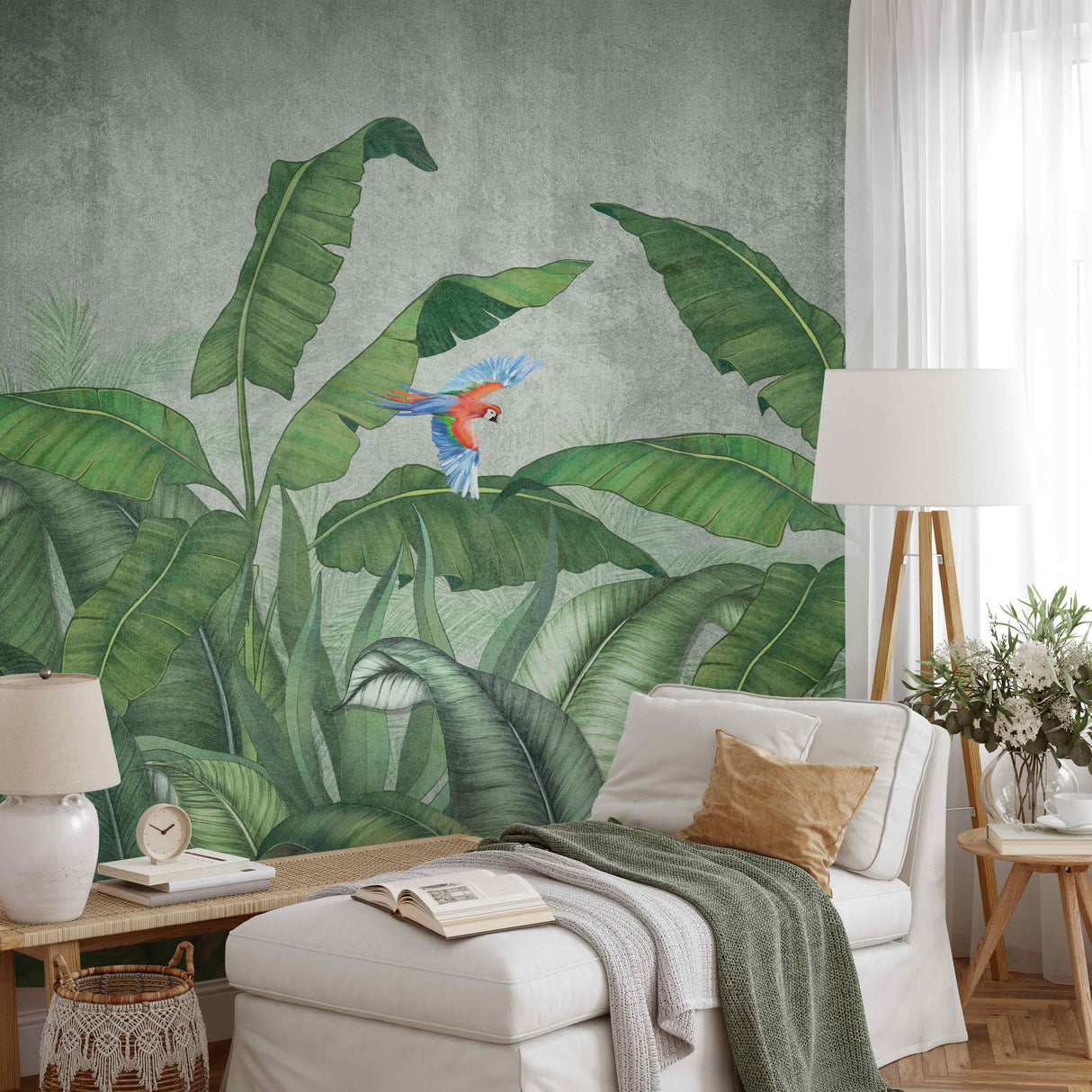 Tropical Paradise Jungle Wallpaper Mural with Parrots